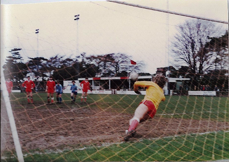 Terry Norton's penalty beats the Chatham keeper.