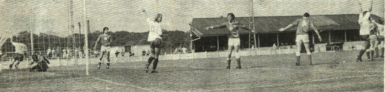 Cugley (arms raised) celebrates his second goal as Gary Miller wheels away on the left. The other Thanet player is Ricky Fusco.