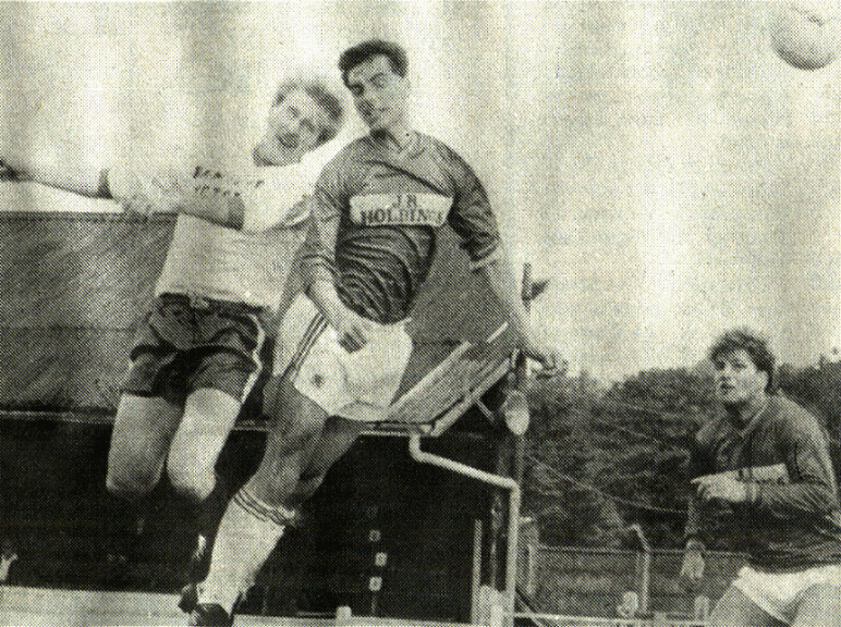 Dave Carr in action, the Hastings defender on the right is future Margate player Peter Heritage.