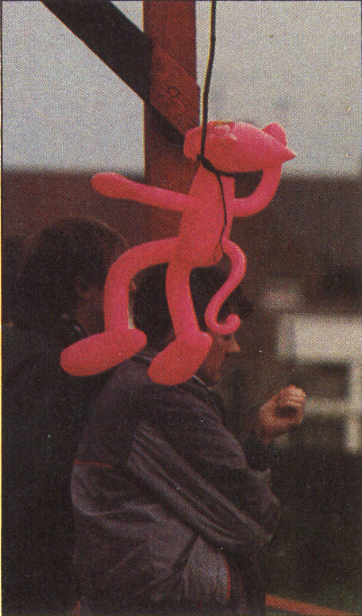 An inflatable Pink Panther strung up as things went badly wrong at Sheppey. The photo made it into a national non-league magazine and the slightly obscured fans are Ray Hopper (left) and Richard Post.