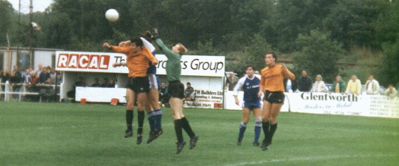 Trouble for Margate as Ian Young (far right) is about to be sent off. Ronnie Murrock is Margate's number 9, John Love is in the thick of it and Paul McMenemy is the player nearest the camera walking away.