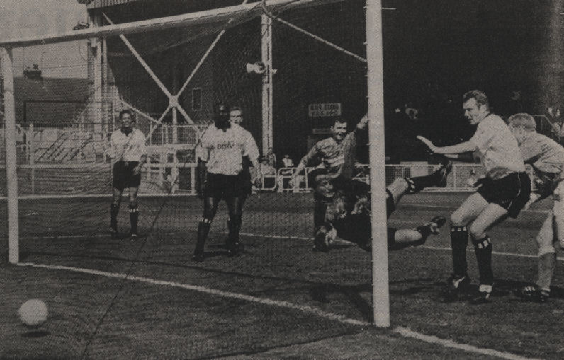Billy Plews (right) has just headed past Maurice Munden to put Margate ahead. Steve Cuggy (centre) celebrates whilst future Margate star Iain O'Connell (far left) looks on.