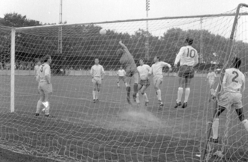 Action in the Brentwood penalty area, Bobby Harrison is the Margate player in the centre and Johnny Ray is in the number ten shirt.