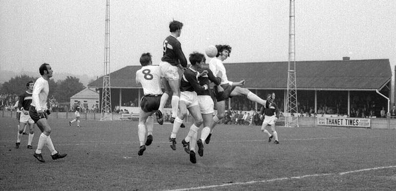 Johnny Ray heads home Margate's first goal watched by Ray Ellam on the left of the picture in the number nine shirt.