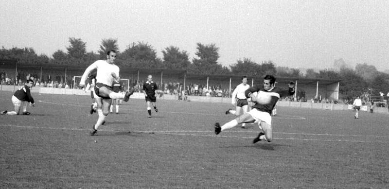 Ray Ellam heads in Margate's second goal.