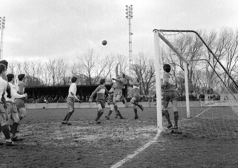 Action in the Yeovil penalty area with Syd Jest in the centre and Gordon Burden and Phil Amato to the left.