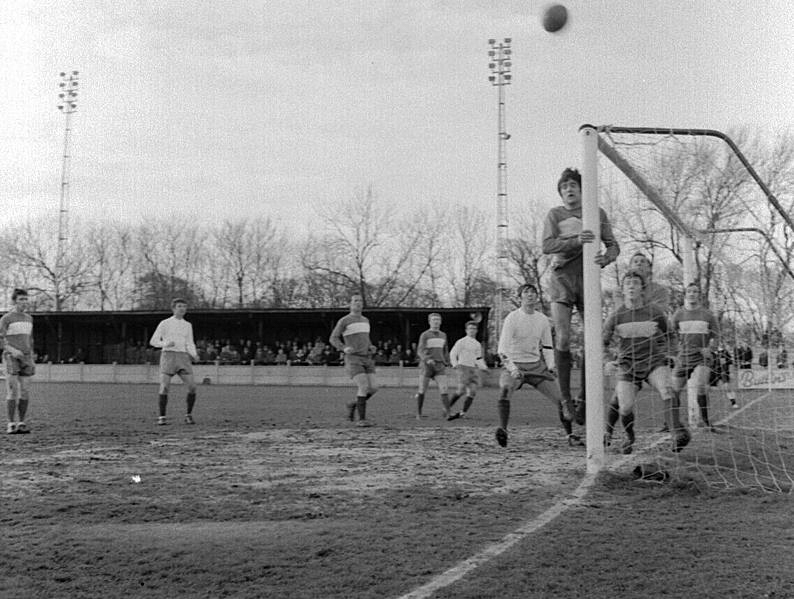 Syd Jest is closest to the goal as a Yeovil defender leaps.