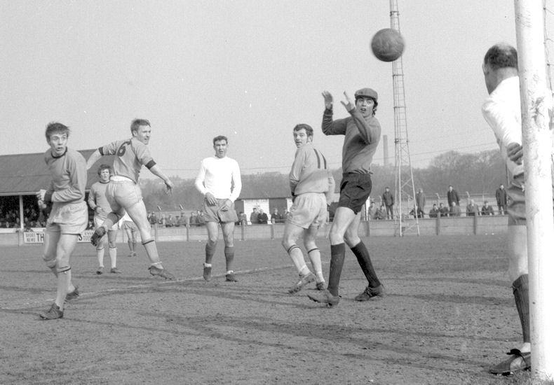 Burton's number six heads at goal. Margate's keeper is Brian Ede and the other Margate players in the picture are Bob Harrop (centre) and Tommy Marshall (on the post).