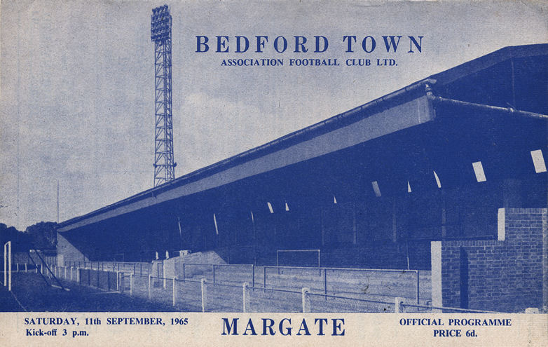 Bedford's Peter Hall completes his hat-trick as (from left to right) Bob Harrop, Tommy Marshall and Ken Bracewell look on.