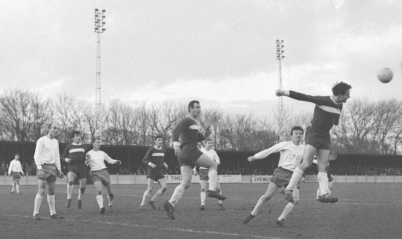 Chelmsford's Tony Butcher (a prolific goalscorer for the club) heads clear, the Margate players in the photo are (from the left) Colin Holder, Laurie Thomson, John Ballagher, Dennis Randall and Arthur Blackley.