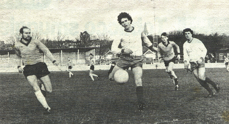 Wayne Godden (centre) chases the ball as Ian Christie looks on. The bearded Cambridge City player on the left is former Margate midfielder Keith Pointer.